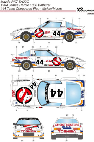 Mazda RX7 SA22C #44 Team Chequered Flag – Mckay/Moore – James Hardie 1000 Bathurst 1984  (1/24 decals)